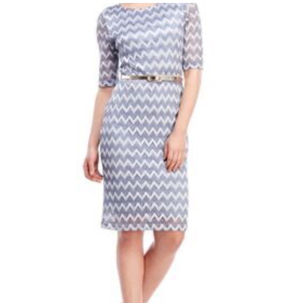 Connected Apparel Sheath Dress Zig Zag Pattern Elbow Sleeves Size14 Lined Purple